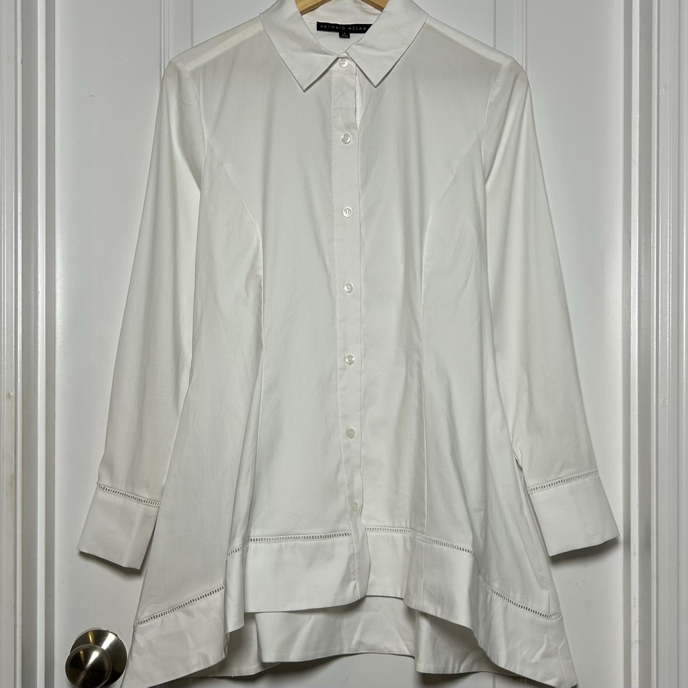 Antonio Melani Cotton Blend White Milly Peplum Hem Button Up Tunic Blouse
